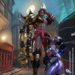 3d blizzard_entertainment dark-skinned_male dark_skin deviantart_username doomfist fellatio female interracial king's_row_(map) kneeling mavixtious oral overwatch penis tagme tumblr_username widowmaker