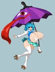 2d big_areola big_breasts big_nipples bikini blue_hair breasts erect_nipples erect_nipples_under_clothes gigantic_breasts heterochromia huge_breasts kogasa_tatara nipple_bulge nipple_slip parasol pixel_art takorin tights top touhou youkai