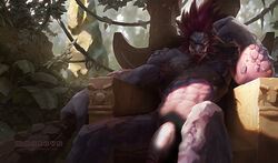 abs beard biceps chair clothed clothing colored day detailed detailed_background edit facial_hair flaccid front_view hair humanoid jungle league_of_legends light loincloth looking_at_viewer male manly melee_weapon mmoboys mmoboys_(artist) muscular navel nude_edit official_art outside partially_clothed pecs penis portrait purple_skin red_hair riot_games serratus shaded sitting solo teeth three-quarter_portrait troll trundle tusks video_games weapon