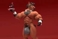 3d alcohol anthro anthroanim beverage black_hair bow_tie bulge clothing equine hair holding_object hyper hyper_bulge male male_only mammal muscular muscular_male nipples plate sebastian_horse simple_background solo standing