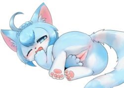 2018 akurara anus ass blue_eyes blue_fur blue_hair blush cat_busters feline feline female feral fingering fur hair looking_back lying mammal masturbation nude on_side one_eye_closed open_mouth pawpads paws pussy pussy_juice rag._(artist) rear_view short_hair simple_background slit_pupils solo uncensored white_background