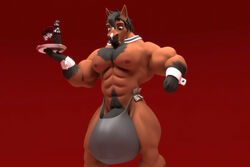 3d alcohol anthro anthroanim beverage black_hair bow_tie bulge clothing equine hair holding_object hyper hyper_bulge male male_only mammal muscular muscular_male nipples plate sebastian_horse simple_background solo standing