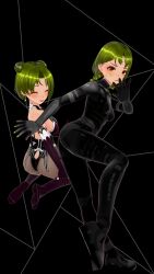 2girls 3d boots brown_eyes clothed clothing colombian ear_piercing earrings female female_focus fingerless_gloves flat_chest gloves green_hair green_nails hispanic hispanic_virtual_youtuber kicking latam_virtual_youtuber light-skinned_female light_skin long_gloves military official_art one_piece_suit one_piece_swimsuit ryumi ryumivt sextember short_hair sitting small_breasts succubus succubus_costume twitch twitch.tv virtual_youtuber vtuber yellow_eyes youtube youtube_hispanic