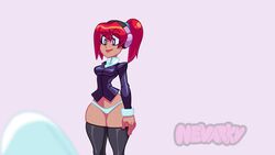 animated female female_only gif nevarky original original_character panties panties_around_one_finger panties_down pussy red_hair solo thick_thighs thighhighs undressing