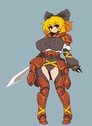 1girls 2d alternate_costume armor blonde_hair bow breasts covered_nipples erect_nipples female full_body large_breasts leotard looking_at_viewer nipple_bulge pixel_art revealing_clothes ribbon short_hair simple_background smile solo standing swimsuit sword takorin thighhighs tights touhou weapon yamame_kurodani yellow_eyes yellow_hair