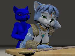 2018 3d anthro blue_fur blue_hair breasts canine demarticusstone female from_behind_(disambiguation) fur hair kiday_(kiday) krystal looking_at_viewer looking_pleasured male mammal nintendo open_mouth sex simple_background smile star_fox straight video_games wolf