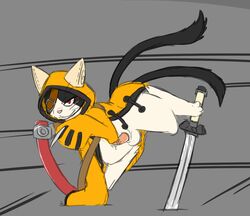 1boy 2_tails balls bargglesnatch-x1 blazblue blush boner clothed clothing erection eye_patch eyewear feline jubei_(blazblue) kaka male male_only mammal multi_tail nekomata penis red_eyes simple_background smile solo video_games whiskers