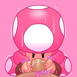 1boy 1girls anon black_eyes blowjob breasts female female_focus itsduskhere male mario_(series) mob_face mushroom mushroom_girl mushroom_humanoid nintendo onomatopoeia penis pigtails pink_background simple_background sound_effects sucking text toadette