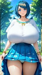 2024 ai_generated big_breasts blue_eyes blue_hair breasts cleavage_cutout clouds female heavy_breasts huge_breasts irls lana's_mother_(pokemon) large_breasts light-skinned_female light_skin long_hair massive_breasts mature_female milf nintendo panties pokemon pokemon_(anime) pokemon_sm sky solo