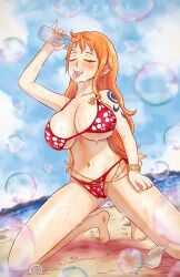 1girls bare_arms bare_legs bare_shoulders bare_thighs beach big_breasts bikini bikini_bottom bikini_top blush clothed clothing color drinking female female_focus female_only hi_res hiyozuki large_breasts light-skinned_female light_skin looking_at_viewer nami nami_(one_piece) one_piece orange_eyes orange_hair post-timeskip sand sea shounen_jump solo solo_female tagme thick_thighs tongue tongue_out water wet