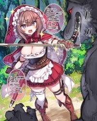 1girls big_bad_wolf blanchette cleavage deutsch dirndl doujinshi english_text fairy_tales german german_female little_red_riding_hood manga mankai_kaika public_domain red_riding_hood sword werewolf wolf