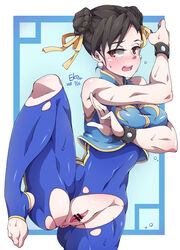 2018 anus artist_name bar_censor black_hair blush bodysuit bracelet brown_eyes capcom censored chun-li clitoris clothes clothing double_bun eko. female female_only fighter hair_bun leg_lift legs lifting navel open_mouth pose posing presenting presenting_anus presenting_pussy pussy signature solo spiked_bracelet street_fighter sweat sweatdrop tight_clothing torn_clothes