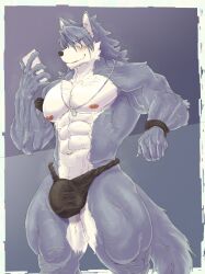 2020s 2023 abs absurd_res anthro areola armband biped black_clothing black_thong black_underwear blush bottomwear bulge canid canine canis cellphone clothed clothing colored countershade_fur countershading detailed_bulge dog_tags domestic_dog electronics erection erection_under_clothing fluffy fluffy_tail fur genital_outline genitals grey_body grey_fur hi_res husky jewelry kouya_(morenatsu) looking_at_object looking_at_phone male mammal morenatsu multicolored_body multicolored_fur muscular muscular_anthro muscular_arms muscular_male muscular_thighs navel necklace nipples nordic_sled_dog pecs penis penis_outline phone pink_areola pink_nipples serratus solo spitz tail thong topless topless_anthro topless_male two_tone_body two_tone_fur underwear vein veiny_arms veiny_legs white_penis wristband yellow_eyes yunu38