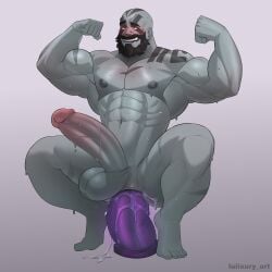 1boy absurdres anal anal_object_insertion armpits bald bara beard blush colored_skin completely_nude critical_role dildo dildo_riding double_biceps_pose drooling erection facial_hair facial_tattoo flexing full_body gradient_background grey_skin grog_strongjaw highres huge_cock luiixury_art male male_focus male_only mature_male mouth_drool muscular muscular_male naughty_face navel nipples nude object_insertion pectorals penis saliva sex_toy shoulder_tattoo simple_background solo squatting strongman_waist sweat tattoo testicles the_legend_of_vox_machina thick_beard thick_eyebrows thick_mustache uncensored