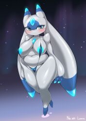 anthro ass ass big_ass big_breasts big_thighs blue_eyes blush boingfarm breasts chubby chubby_female cute female female_only huge_ass huge_breasts huge_thighs looking_at_viewer lunaris_(pal) micro_bikini pal_(species) palworld robot robot_girl solo tagme thick_hips thick_thighs thighs white_body