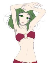 1girls 2018 belt belt_buckle blunt_bangs collarbone dark_green_eyes dark_green_hair echidna_(maha_no_hanashi) ell182a_(masa_works_design) encantada_(vocaloid) female green_eyes green_hair gumi hands_on_head koji_no_uta looking_at_viewer maha_no_hanashi masa_works_design matching_hair/eyes medium_hair mv_character navel non-web_source o-ring o-ring_top official_art red_belt red_bikini_top red_skirt red_top red_topwear short_bangs simple_background skirt solo solo_female strapless strapless_bikini strapless_top suggestive tagme teeth third-party_source upper_body upper_teeth upper_teeth_only vocaloid white_background