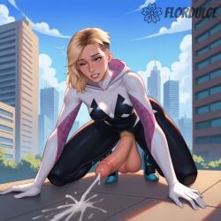 ai_generated all_fours balls blonde_hair blue_eyes city cityscape clenched_teeth cum cumming cumshot ejaculation erect_penis erection exposed_penis flordulce futa_only futanari gwen_stacy marvel marvel_comics one_eye_closed orgasm outdoors penis pubic_hair solo_futa spider-gwen spider-man:_into_the_spider-verse superhero_costume superheroine testicles trembling