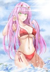 big_breasts bikini cleavage cloud darling_in_the_franxx eyeliner female green_eyes large_breasts outdoors pink_hair red_bikini red_horns tongue_out water water_drop yukiart_83 zero_two_(darling_in_the_franxx)