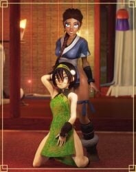 2girls 3d anklewear avatar_legends avatar_the_last_airbender braided_ponytail chocolate_and_vanilla clothing crisisbeat dark-skinned_female dark_skin duo duo_focus earth_kingdom female female_focus female_only hair_ornament human katara pale-skinned_female pale_skin pose posing tied_hair toph_bei_fong water_tribe wristwear