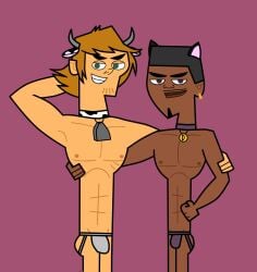 cat_ears catboy cow_costume cow_ears cow_horns cow_print damien_(tdi) gay grabbing_waist jockstrap jockstrap_only male male/male male_only muscular_male smirk smirking total_drama_island total_drama_island_(2023) wayne_(tdi)