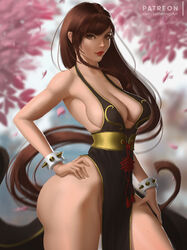 alternate_costume alternate_hairstyle big_breasts breasts brown_eyes brown_hair capcom chun-li chun-li_(battle_ouffit_sfv) cleavage female female_only large_breasts lolliedrop long_hair looking_at_viewer no_panties solo street_fighter thick_thighs