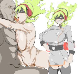 1boy 1boy1girl 1girls big_breasts boku_no_hero_academia breast_squeeze breasts burnin_(my_hero_academia) female fire fire_hair green_hair headphones looking_at_viewer male moe_kamiji my_hero_academia naked nipples nude sex smile thick_thighs tongue tongue_kiss tongue_out ugly_bastard yuujiro