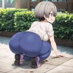 1girls ai_generated all_fours ass ass_focus back big_ass big_breasts big_butt blue_eyes breasts butt_focus clothed clothed_female dumptruck_ass dumptruck_butt heavy_bottom huge_boobs huge_breasts short_hair smile smiling spankable_ass squatting tagme thick_ass thick_butt thick_thighs thighs uzaki-chan_wa_asobitai! uzaki_hana white_hair