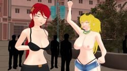 2girls 3d 3d_(artwork) beads blonde_female blonde_hair breasts casual female fist_pump half-dressed human mardi_gras pale_skin pierced_nipples ponytail public pyrrha_nikos red_hair red_hair_female removing_bra rwby short_shorts theblackbirdcalls yang_xiao_long