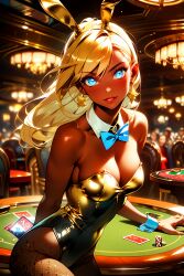 ai_generated blonde_female blonde_hair blonde_hair_female blue_bowtie blue_eyes bowtie bowtie_collar breasts brooch bunny_ears bunny_ears_(cosmetic) bunny_ears_headband bunny_girl bunnysuit card_table casino chandelier dark-skinned_female dark_skin detached_collar detached_sleeves fishnet_legwear fishnet_pantyhose fishnets glossy_lips gold_bunny_(floppyudon95) gold_bunnysuit gold_earrings gold_jewelry gold_latex gold_leotard leotard long_hair navel_visible_through_clothes original pale_blue_eyes people_in_background poker_cards poker_chip shadows skintight smile smile_at_viewer straight_hair strapless_leotard tanned_female tanned_skin teeth teeth_showing