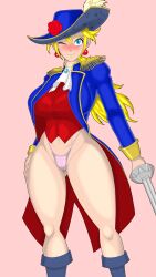 abdomen blonde_hair blue_eyes blush clothing female hi_res long_hair looking_at_viewer mario_(series) muscles no_pants one_eye_closed panties ponytail pose princess_peach princess_peach:_showtime! ryle_k solo swordfighter_peach thick_legs thighs thong underwear