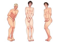 3boys ass barefoot covering covering_crotch embarrassed embarrassed_nude_male enm male male_only marmotap nude tagme