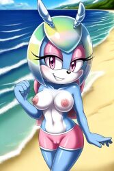 ai_generated anthro beach beetle breasts iridescent jewel_the_beetle mobians.ai nipples nuggeto pink_eyes sea seaside shorts sonic_(series) sonic_the_hedgehog_(series) topless topless_female