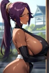 ai_due ai_generated big_ass big_breasts bleach breasts_bigger_than_head curvaceous curvy_female dark-skinned_female dark_skin huge_breasts ponytail purple_hair shihouin_yoruichi shounen_jump yellow_eyes