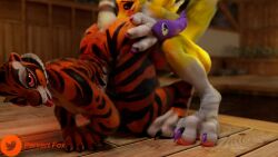 2girls 3d 3d_(artwork) blender breasts digimon female furry kung_fu_panda master_tigress muscular_female nude nude_female pervert99 pussy pussy_juice renamon renamon_(pictisculpts) training training_room yuri