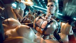 3d bolt_on_tits breast_implants breasts cyberpunk cyberpunk_2077 dark-skinned_female enhanced_breasts fake_breasts futa_on_female futanari gangbang group_sex huge_cock implants meredith_stout paizuri rigid3d silicone silicone_implants tagme titjob