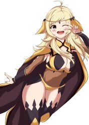 1girls ahoge bare_thighs blonde_hair bodystocking breasts circlet cleavage female female_only fire_emblem fire_emblem_fates grey_eyes highres leaf_happa77 long_hair looking_at_viewer medium_breasts navel nintendo one_eye_closed ophelia_(fire_emblem) panties solo thighs underwear v white_background yellow_panties