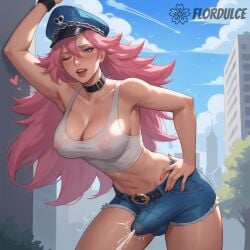 1futa ai_generated blue_eyes cap choker city cityscape cleavage covered_penis cum cumming denim_shorts ejaculation ejaculation_under_clothes erect_penis erection erection_under_clothes erection_under_clothing final_fight flordulce futa_only futanari gynomorph hand_on_hip headwear high_heels intersex lipstick one_eye_closed open_mouth orgasm outdoors penis pink_hair poison_(final_fight) red_high_heels short_shorts shorts solo_futa street_fighter tank_top white_tank_top