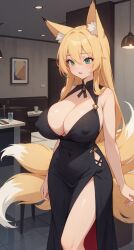 1girls ai_generated blonde_fur blonde_hair breasts cleavage cleavage_overflow covered_nipples dress female female_focus female_only fox fox_ears fox_girl fox_tail fox_tails foxgirl green_eyes huge_breasts jorgecarlosai multiple_tails nipples open_mouth slit_dress solo solo_female solo_focus