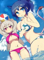 2girls alternate_hairstyle animal_ears arms_up ball bare_arms bare_shoulders beach_ball bikini blue_bikini blue_eyes blue_hair blue_sky blush breasts cleavage cloud commentary_request cowboy_shot day doremy_sweet dutch_angle feathered_wings gluteal_fold grey_jacket groin hair_between_eyes halterneck hand_up highres holding holding_ball huge_breasts jacket jitome kishin_sagume large_breasts lens_flare light_particles long_sleeves looking_at_viewer multiple_girls navel navel_piercing no_headwear open_clothes open_jacket outdoors piercing polka_dot polka_dot_bikini purple_bikini red_eyes sakaki_(utigi) short_hair short_ponytail side-tie_bikini_bottom sidelocks silver_hair single_wing sky smile standing stomach stomach_tattoo swimsuit tail tapir_ears tapir_tail tattoo thighs touhou underboob wading water white_wings wings