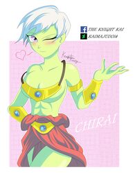 1girls alien alien_girl breasts broly_(cosplay) cheelai cosplay dragon_ball dragon_ball_super female green_skin humanoid short_hair white_hair wink