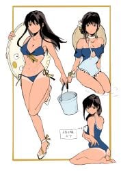 bikini black_hair blue_bikini cleavage female female_only full_body fully_clothed genderswap_(mtf) gintama innertube katsura_kotarou long_hair looking_at_viewer medium_breasts multiple_outfits name_tag one-piece_swimsuit rule_63 scars school_swimsuit silliconin smile solo swimsuit
