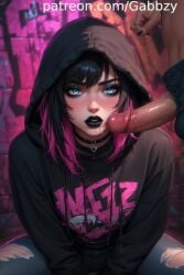 ai_generated black_choker black_hoodie blue_eyes blush choker facial femboy futanari gabbzy gay intersex kneeling male penis pink_hair