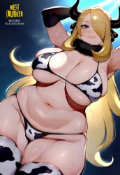 abdomen ai_assisted armpits arms_up artist_signature bikini cow_print cowboy_shot cowgirl_outfit curvy cynthia_(pokemon) digital_media_(artwork) elbow_gloves from_below fur_collar hair_ornament hair_over_one_eye horns huge_breasts light_rays lips looking_at_viewer mature_female neolurker oiled_skin plump pokemon pokemon_dppt skindentation soft_belly sunlight tagme thick_legs thick_thighs thighhighs very_long_hair wet wide_hips