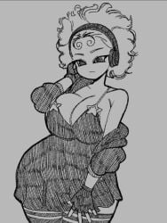 1girls 2d bare_shoulders big_breasts black_dress breasts cleavage cleavage_cutout cleavage_overflow curvy digital_media_(artwork) dress female female_only gloves grayscale headphones hips huge_breasts human human_only jacket large_breasts oc original_character pinkbobatoo skiddioop solo solo_female tagme thick thick_thighs thigh_strap thighhighs thighs voluptuous wide_hips