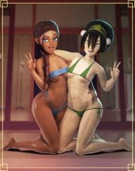 2girls 3d avatar_legends avatar_the_last_airbender braided_ponytail chocolate_and_vanilla crisisbeat dark-skinned_female duo duo_focus earth_kingdom female female_focus female_only hair_ornament katara pale-skinned_female pose posing tied_hair toph_bei_fong water_tribe