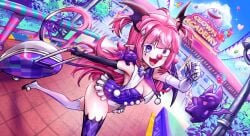 ahoge bag balloon breasts camila_(vtuber) cimp_(camila) cleavage clown creature demon_girl demon_tail elbow_gloves fan_mascot_(vtuber) female gloves long_hair open_mouth outdoors pink_hair pointy_ears purple_eyes small_breasts smile tail thighhighs virtual_youtuber wings