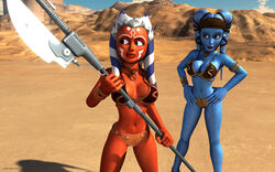 2girls 3d aayla_secura ahsoka_tano alien alien_girl alternate_version_available armband artist_name bald bare_shoulders big_breasts blue_eyes blue_skin bottomless bracer busty choker cleavage clone_wars curvy day detailed_background erect_nipple erect_nipples eyelashes female female_only front_view hand_on_hip hands_on_hip hands_on_hips headgear holding_object hourglass_figure humanoid jabba's_palace jedi jedi_master jedi_padawan kondaspeter mammal marking midriff multiple_females multiple_girls orange_skin outdoor outside pose posing purple_lips shadow shaved_pussy shiny shiny_skin spread_legs spreading standing star_wars tatooine togruta twi'lek vibro_axe voluptuous weapon wide_hips