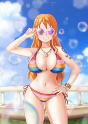 1girls bare_arms bare_legs bare_shoulders bare_thighs big_breasts bikini bikini_bottom bikini_top blue_tattoo clothed clothing color female female_focus female_only hi_res hiyozuki large_breasts light-skinned_female light_skin log_pose long_hair looking_at_viewer nami nami_(one_piece) one_piece one_piece_film_z orange_eyes orange_hair post-timeskip rainbow_bikini shounen_jump solo solo_female sunglasses tagme tattoo tattoo_on_arm tattooed_arm thick_thighs