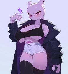 2024 3_fingers absurd_res adorable anthro big_breasts black_clothing black_legs black_topwear bottomwear breasts clothed clothing collarbone cute cute_face drunk_oak drunkoak female female_only fingers generation_1_pokemon grey_background hi_res legendary_pokemon legwear looking_at_viewer mewtwo nintendo pokemon pokemon_(species) shorts simple_background solo solo_female thigh_highs topwear white_bottomwear white_clothing white_shorts