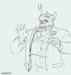 anthro big_penis bow_tie bulge clothed clothing erection erection_under_clothing formal_wear genital_growth genitals growth hi_res horn huge_cock humanoid_genitalia humanoid_penis hyper hyper_genitalia hyper_penis jacket male muscular muscular_anthro muscular_male papyreit penis penis_growth scalie solo suit topwear vest